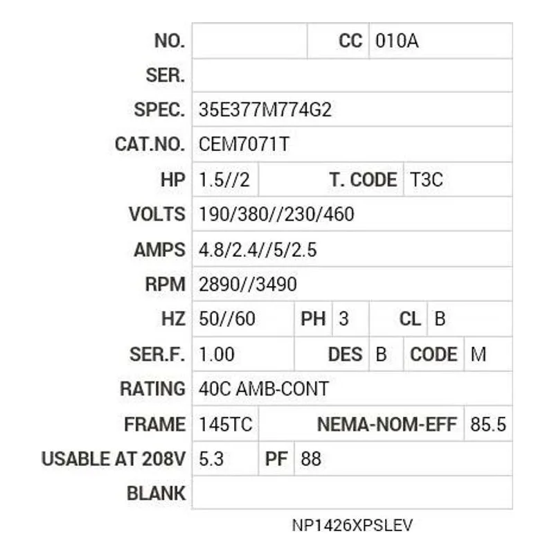CEM7071T Baldor 1.5//2 HP, 2890//3490 RPM, 3 PH, 50//60 HZ, 145T Motor Nameplate - view 2