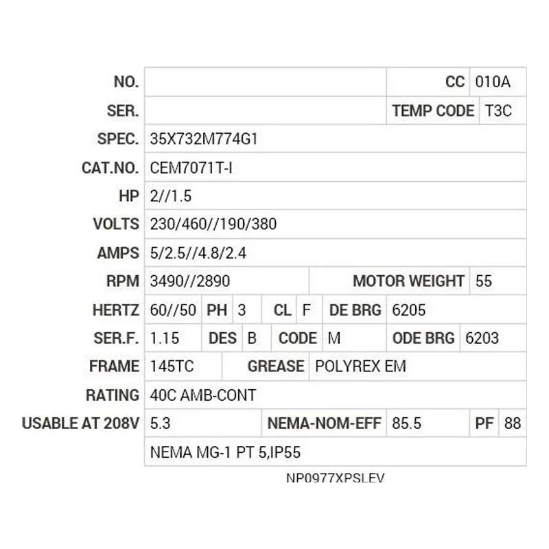 CEM7071T-I Baldor 1.5//2 HP, 2890//3490 RPM, 3 PH, 50//60 HZ, 145T Motor Nameplate - view 2