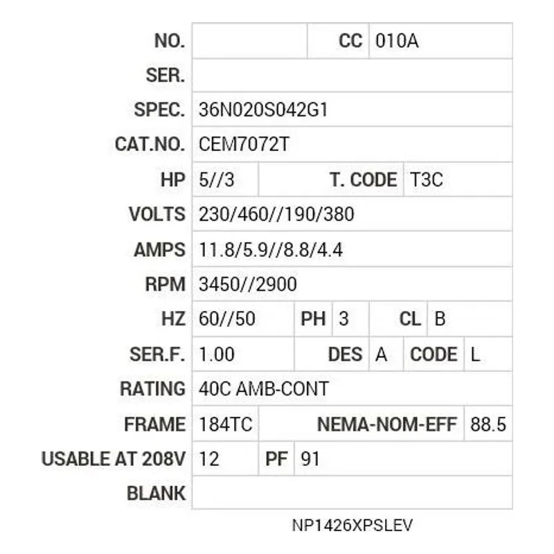 CEM7072T Baldor 5//3 HP, 3450//2900 RPM, 3 PH, 60//50 HZ, 184TC Motor Nameplate - view 2