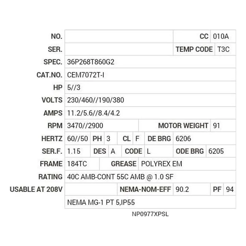 CEM7072T-I Baldor 3//5 HP, 2900//3470 RPM, 3 PH, 50//60 HZ, 184TC Motor Nameplate - view 2