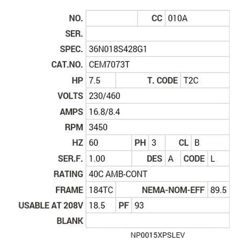 CEM7073T Baldor 7.5 HP, 3450 RPM, 3 PH, 60 HZ, 184TC, 3646M, XPFC Motor Nameplate - view 2