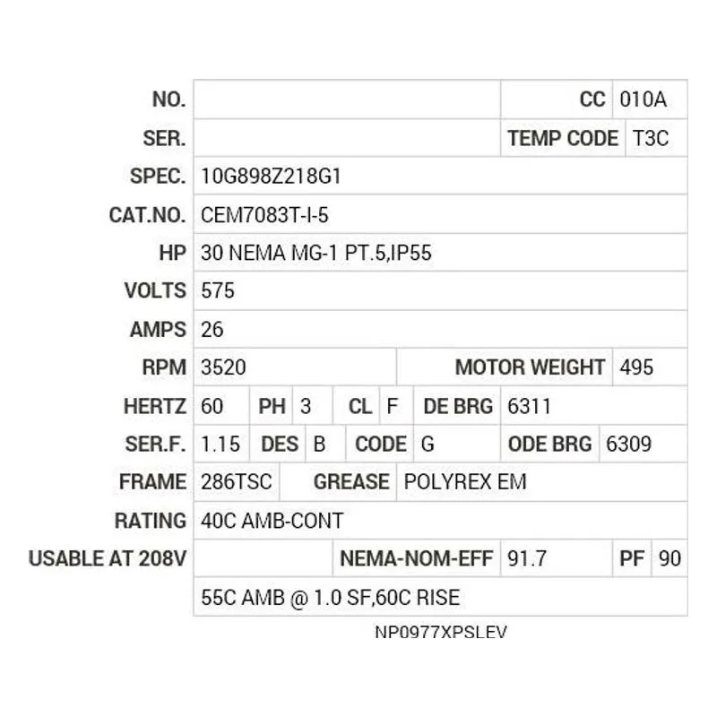 CEM7083T-I-5 Baldor 30 HP, 3520 RPM, 3 PH, 60 HZ, 286TSC, 1046M, XPFC Motor Nameplate - view 2