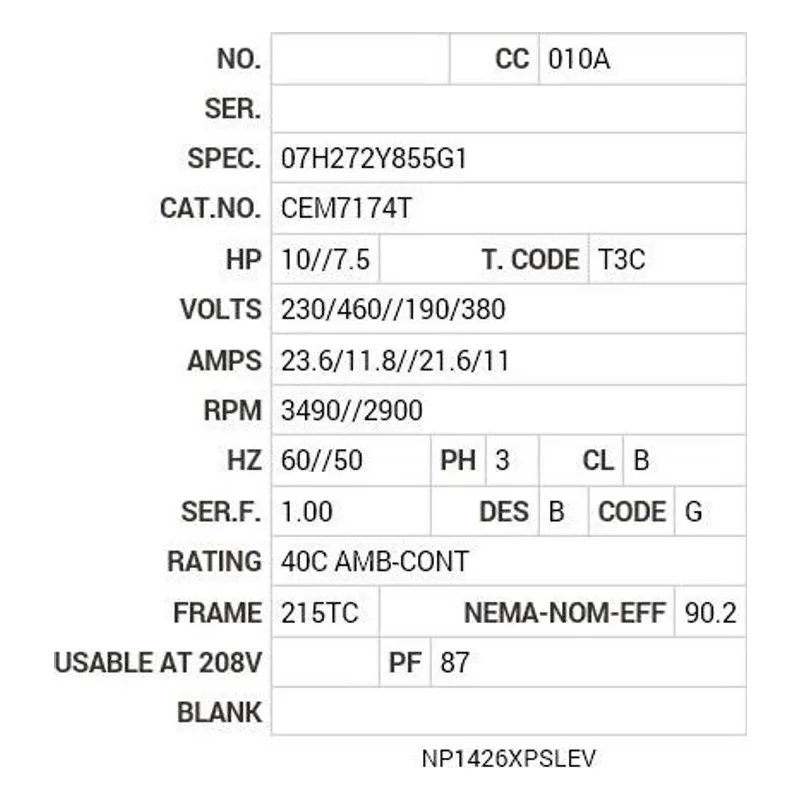 CEM7174T Baldor 10//7.5 HP, 3490//2900 RPM, 3 PH, 60//50 HZ, 215 Motor Nameplate - view 2