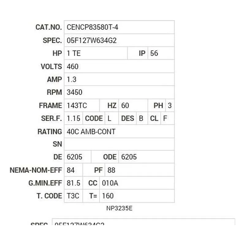 CENCP83580T-4 Baldor 1 HP, 3450 RPM, 3 PH, 60 HZ, 143TC, 0520M, TENV, F1 Motor Nameplate - view 2