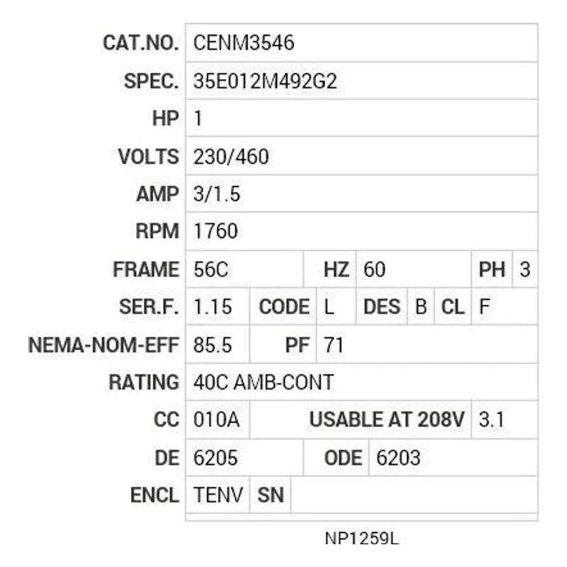 CENM3546 Baldor 1 HP, 1760 RPM, 3 PH, 60 HZ, 56C, 3519M, TENV, F1, N Motor Nameplate - view 2