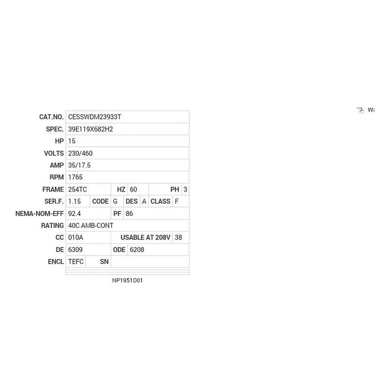 CESSWDM23933T Baldor 15 HP, 1765 RPM, 3 PH, 60 HZ, 254TC, 3956M, TEFC, F Motor Nameplate - view 2