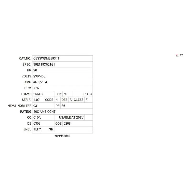 CESSWDM23934T Baldor 20 HP, 1760 RPM, 3 PH, 60 HZ, 256TC, 3960M, TEFC, F Motor Nameplate - view 2