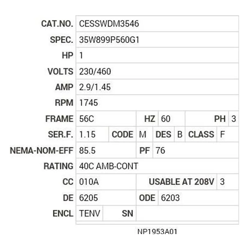 CESSWDM3546 Baldor 1 HP, 1745 RPM, 3 PH, 60 HZ, 56C, 3524M, TENV, F1, N Motor Nameplate - view 2