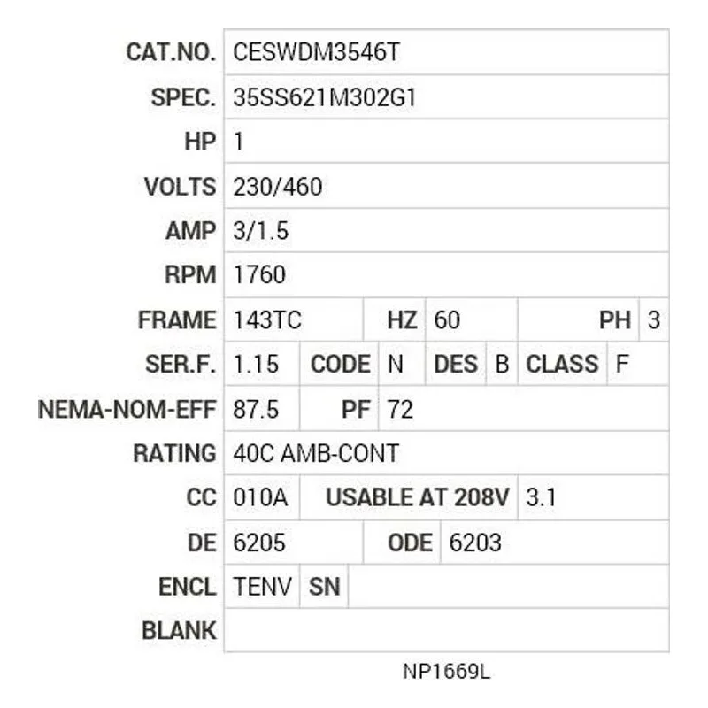 CESWDM3546T Baldor 1 HP, 1760 RPM, 3 PH, 60 HZ, 143TC, 3525M, TENV, F1 Motor Nameplate - view 2