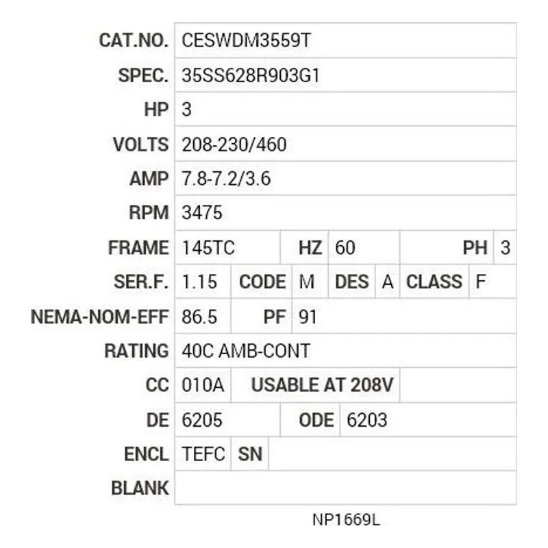 CESWDM3559T Baldor 3 HP, 3475 RPM, 3 PH, 60 HZ, 145TC, 3540M, TEFC, F1 Motor Nameplate - view 2