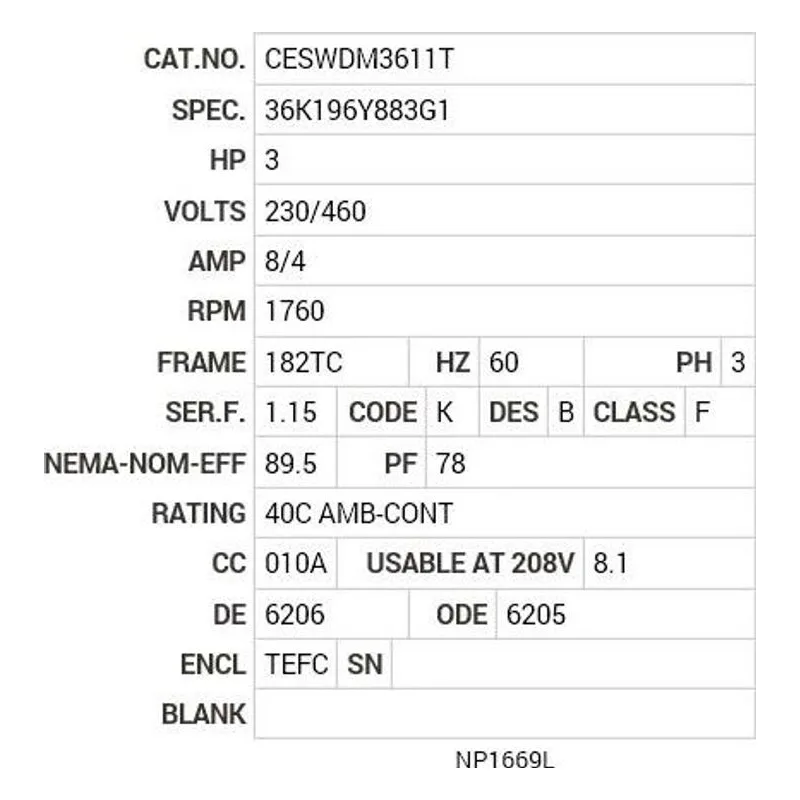 CESWDM3611T Baldor 3 HP, 1760 RPM, 3 PH, 60 HZ, 182TC, 3632M, TEFC, F1 Motor Nameplate - view 2