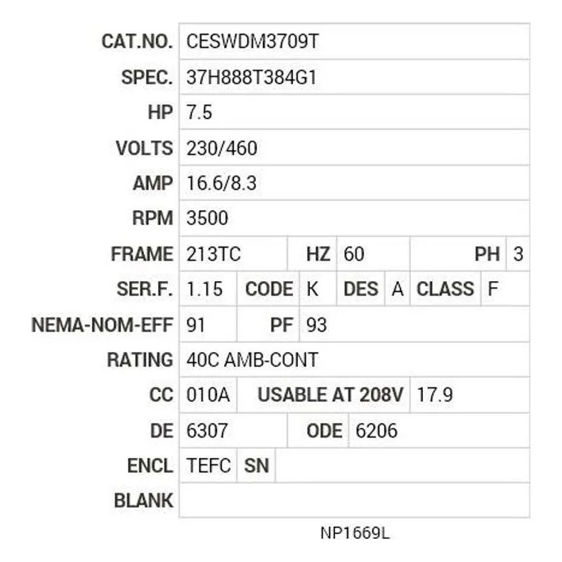 CESWDM3709T Baldor 7.5 HP, 3500 RPM, 3 PH, 60 HZ, 213TC, 3735M, TEFC Motor Nameplate - view 2