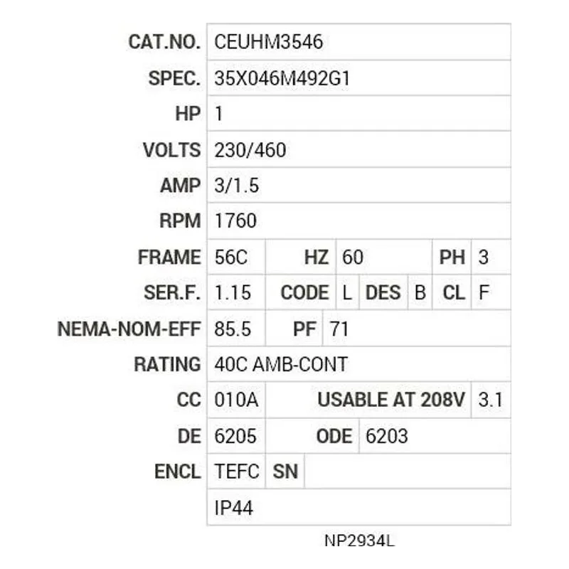 CEUHM3546 Baldor 1 HP, 1760 RPM, 3 PH, 60 HZ, 56C, 3519M, TEFC, F3, N Motor Nameplate - view 2