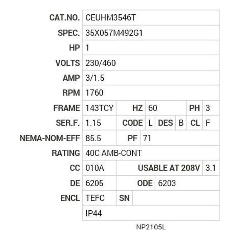 CEUHM3546T Baldor 1 HP, 1760 RPM, 3 PH, 60 HZ, 143TYC, 3519M, TEFC, F Motor Nameplate - view 2
