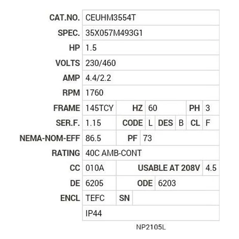 CEUHM3554T Baldor 1.5 HP, 1760 RPM, 3 PH, 60 HZ, 145TYC, 3526M, TEFC Motor Nameplate - view 2