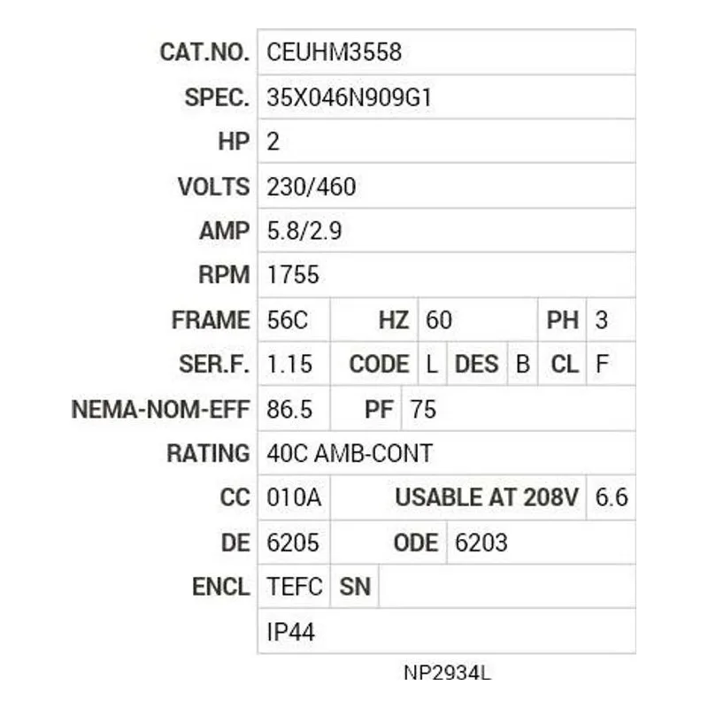 CEUHM3558 Baldor 2 HP, 1755 RPM, 3 PH, 60 HZ, 56C, 3528M, TEFC, F3, N Motor Nameplate - view 2