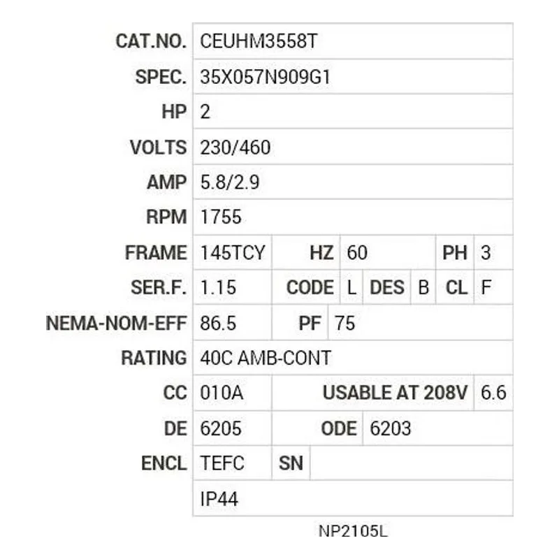CEUHM3558T Baldor 2 HP, 1755 RPM, 3 PH, 60 HZ, 145TCY, 3528M, TEFC, F Motor Nameplate - view 2