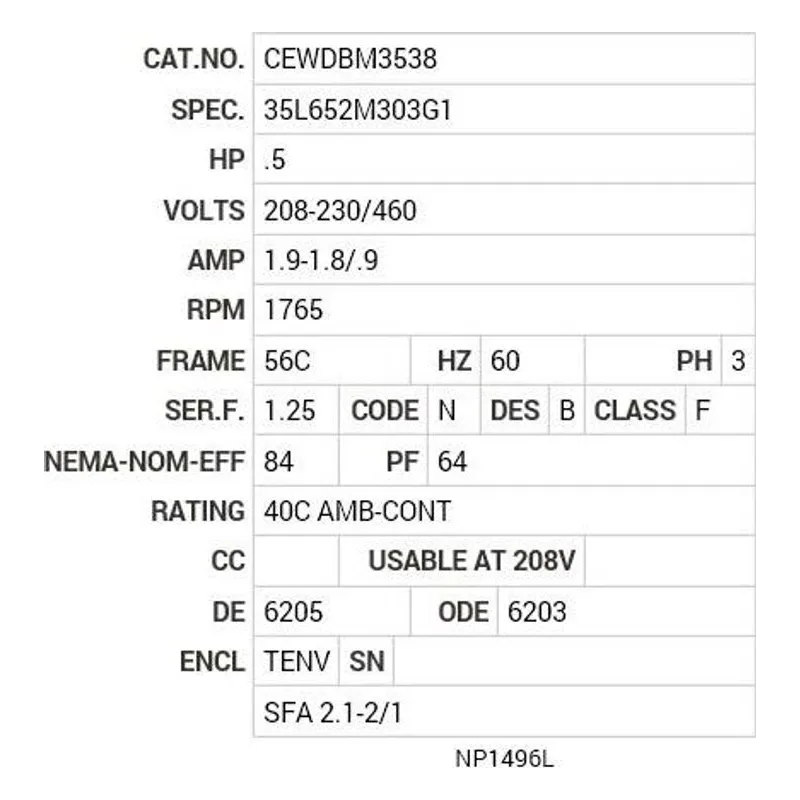 CEWDBM3538 Baldor .5 HP, 1765 RPM, 3 PH, 60 HZ, 56C, 3516M, TENV, F1 Motor Nameplate - view 2