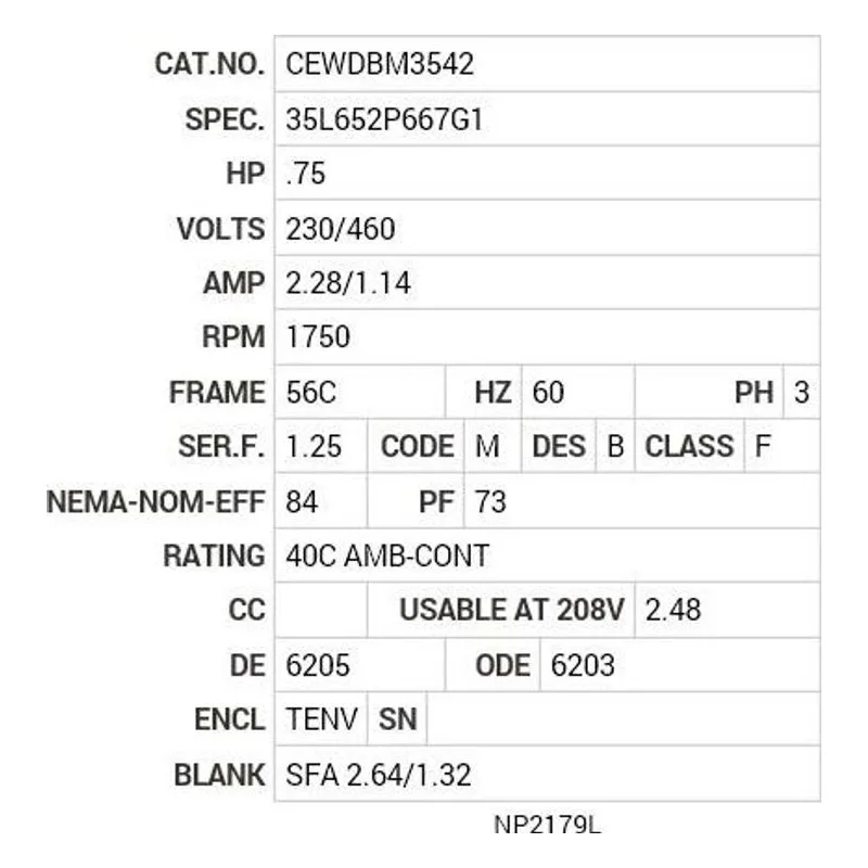 CEWDBM3542 Baldor .75 HP, 1750 RPM, 3 PH, 60 HZ, 56C, 3517M, TENV, F1 Motor Nameplate - view 2