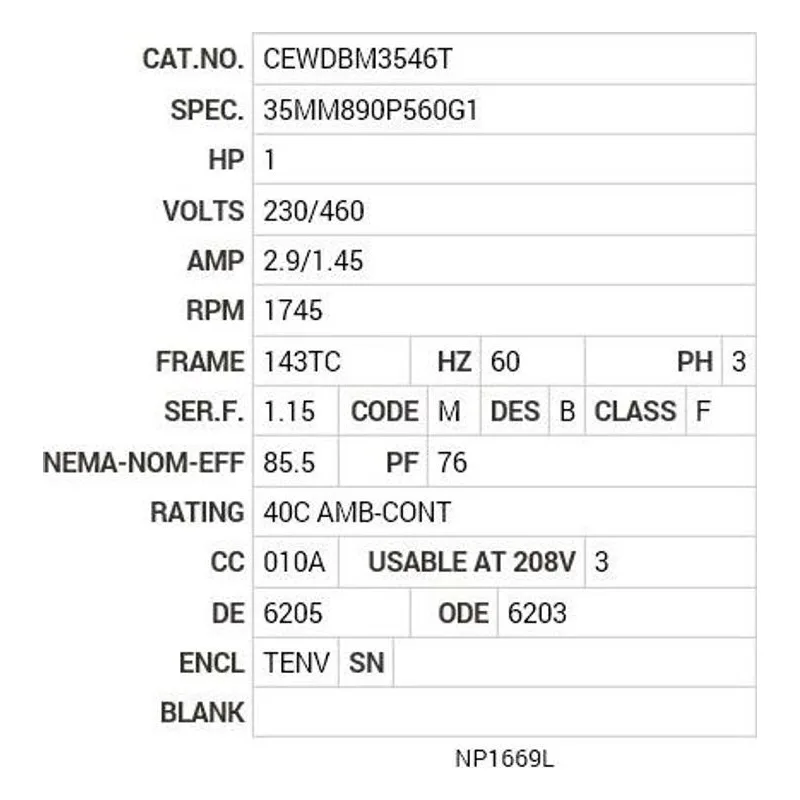 CEWDBM3546T Baldor 1 HP, 1745 RPM, 3 PH, 60 HZ, 143TC, 3524M, TENV, F1 Motor Nameplate - view 2