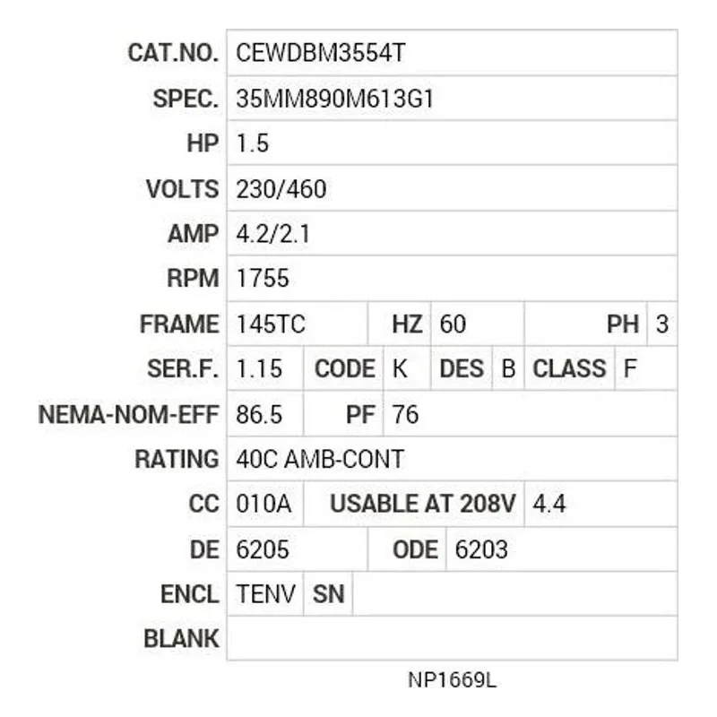 CEWDBM3554T Baldor 1.5 HP, 1755 RPM, 3 PH, 60 HZ, 145TC, 3533M, TENV Motor Nameplate - view 2