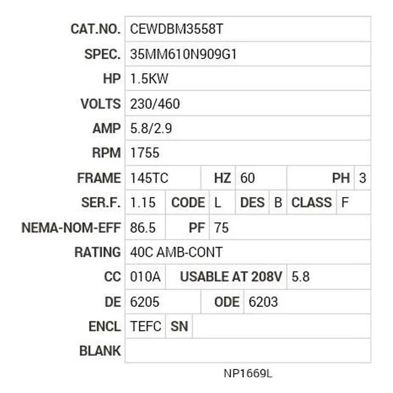 CEWDBM3558T Baldor 2 HP, 1755 RPM, 3 PH, 60 HZ, 145TC, 3530M, TEFC, F1 Motor Nameplate - view 2