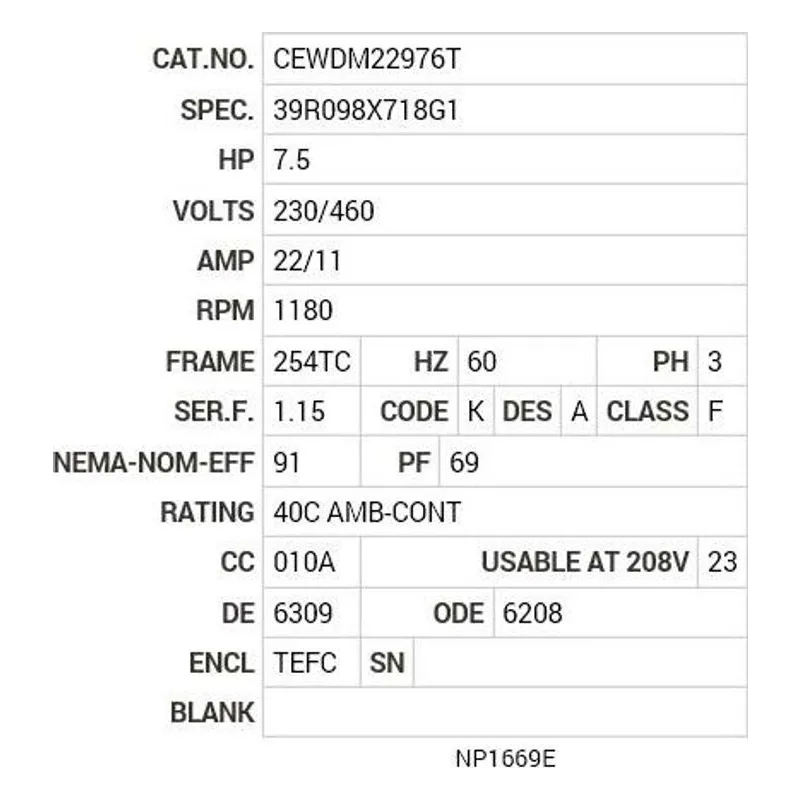 CEWDM22976T Baldor 7.5 HP, 1180 RPM, 3 PH, 60 HZ, 254TC, 3954M, TEFC Motor Nameplate - view 2