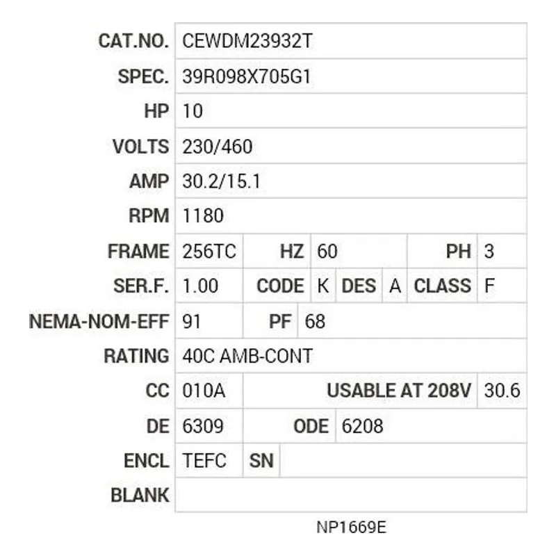 CEWDM23932T Baldor 10 HP, 1180 RPM, 3 PH, 60 HZ, 256TC, 3956M, TEFC, F Motor Nameplate - view 2