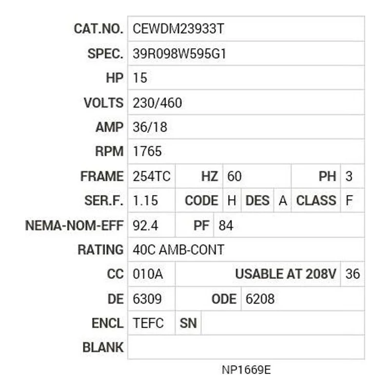 CEWDM23933T Baldor 15 HP, 1765 RPM, 3 PH, 60 HZ, 254TC, 3942M, TEFC, F Motor Nameplate - view 2