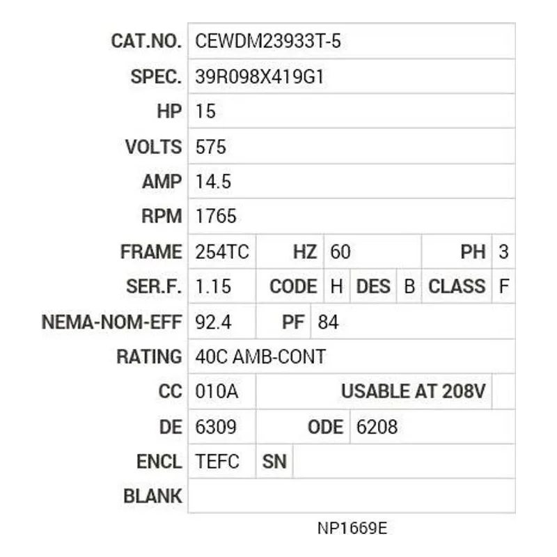CEWDM23933T-5 Baldor 15 HP, 1765 RPM, 3 PH, 60 HZ, 254TC, 3942M, TEFC, F Motor Nameplate - view 2
