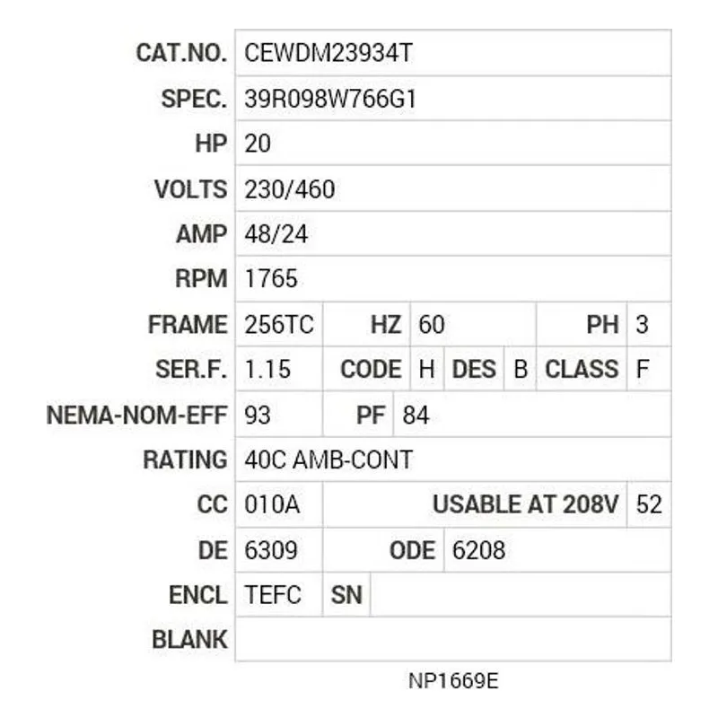 CEWDM23934T Baldor 20 HP, 1765 RPM, 3 PH, 60 HZ, 256TC, 3952M, TEFC Motor Nameplate - view 2