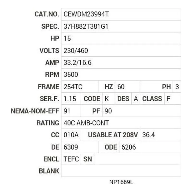 CEWDM23994T Baldor 15 HP, 3500 RPM, 3 PH, 60 HZ, 254TC, 3752M, TEFC, F Motor Nameplate - view 2