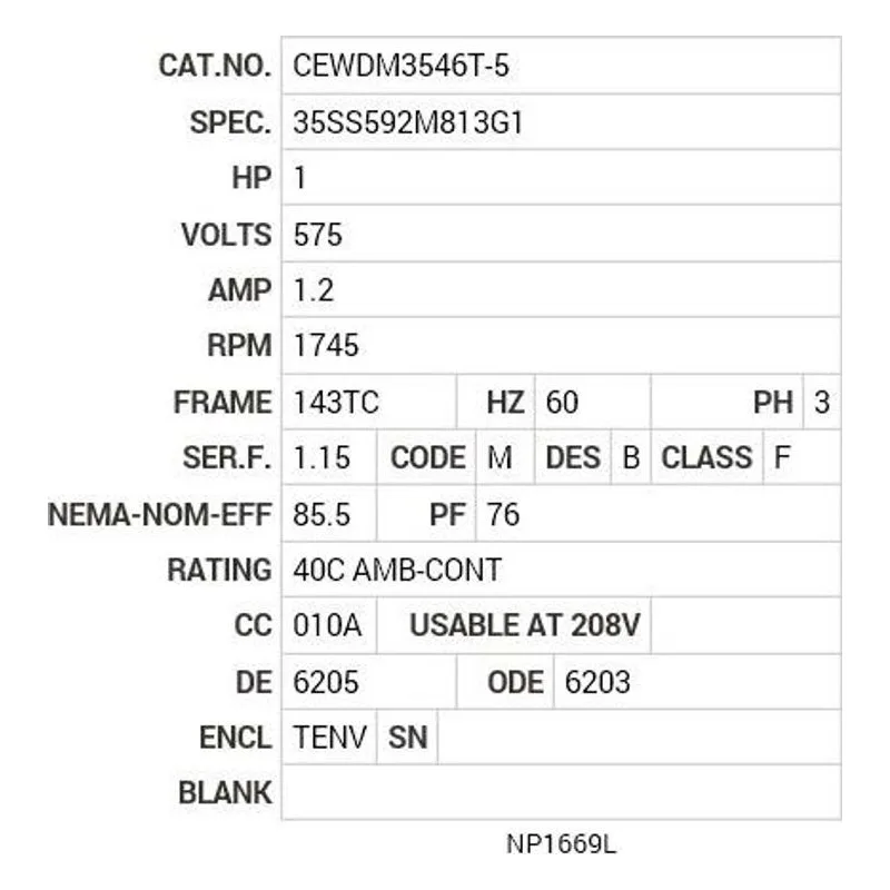 CEWDM3546T-5 Baldor 1 HP, 1745 RPM, 3 PH, 60 HZ, 143TC, 3524M, TENV, F1 Motor Nameplate - view 2