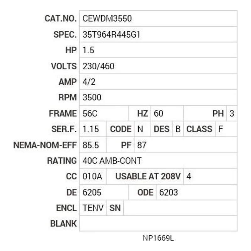 CEWDM3550 Baldor 1.5 HP, 3500 RPM, 3 PH, 60 HZ, 56, C, 3528M, TENV, F Motor Nameplate - view 2