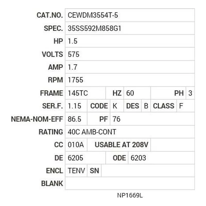 CEWDM3554T-5 Baldor 1.5 HP, 1755 RPM, 3 PH, 60 HZ, 145TC, 3533M, TENV Motor Nameplate - view 2