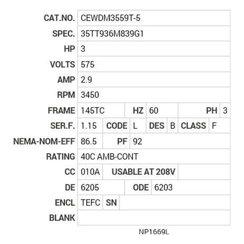 CEWDM3559T-5 Baldor 3 HP, 3450 RPM, 3 PH, 60 HZ, 145TC, 3532M, TEFC, F1 Motor Nameplate - view 2