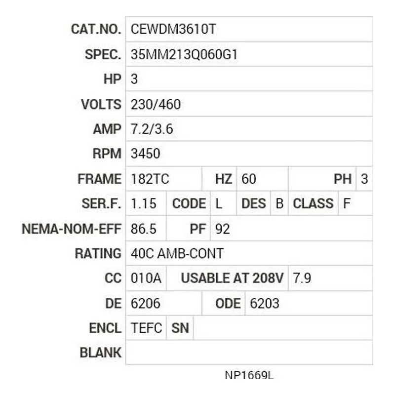 CEWDM3610T Baldor 3 HP, 3450 RPM, 3 PH, 60 HZ, 182TC, 3532M, TEFC, F1 Motor Nameplate - view 2