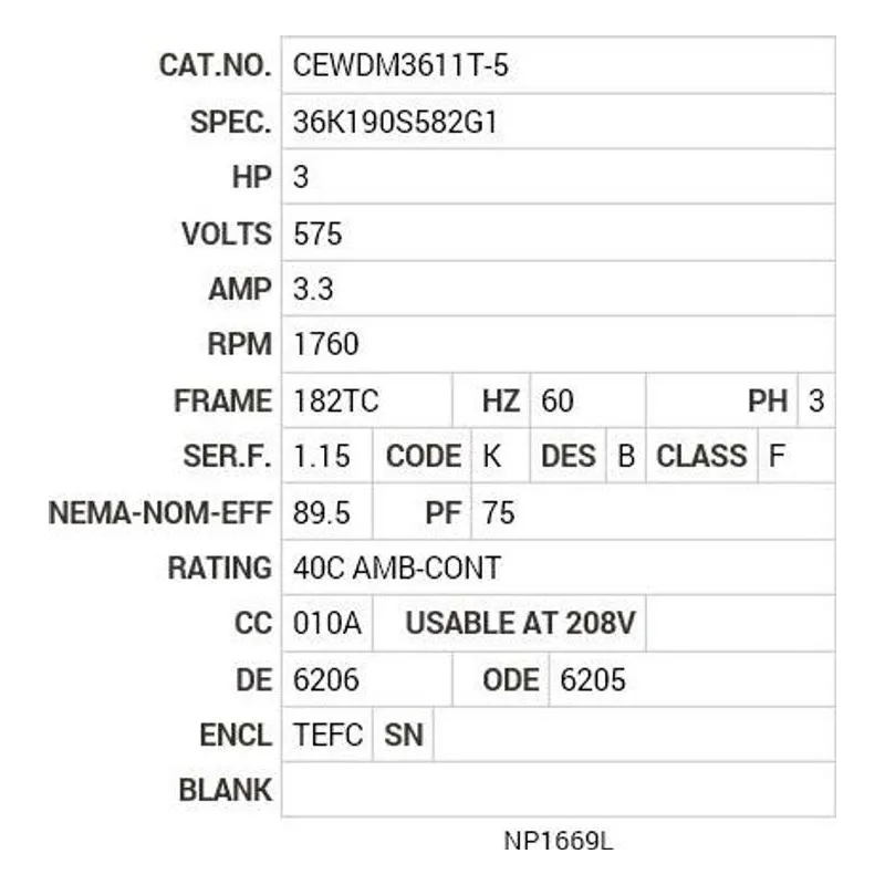 CEWDM3611T-5 Baldor 3 HP, 1760 RPM, 3 PH, 60 HZ, 182TC, 3631M, TEFC, F1 Motor Nameplate - view 2