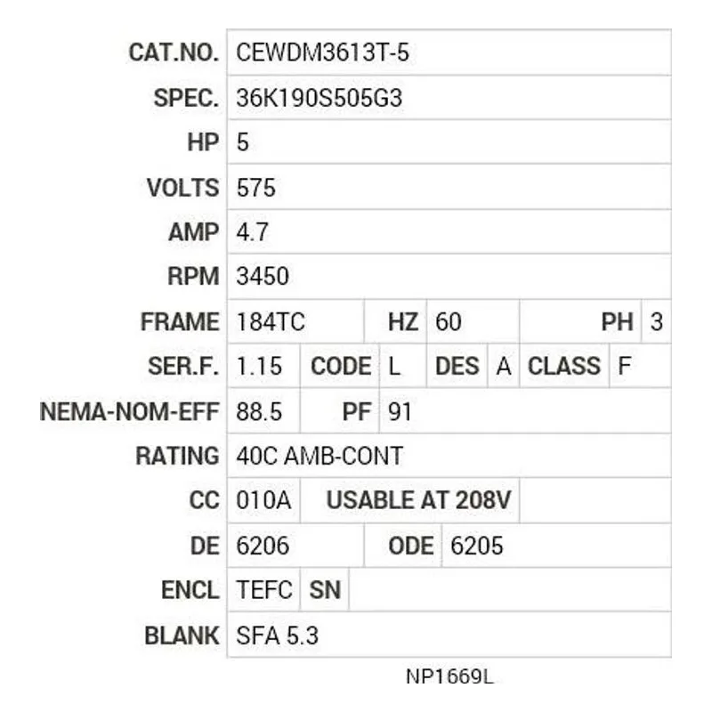 CEWDM3613T-5 Baldor 5 HP, 3450 RPM, 3 PH, 60 HZ, 184TC, 3630M, TEFC, F1 Motor Nameplate - view 2