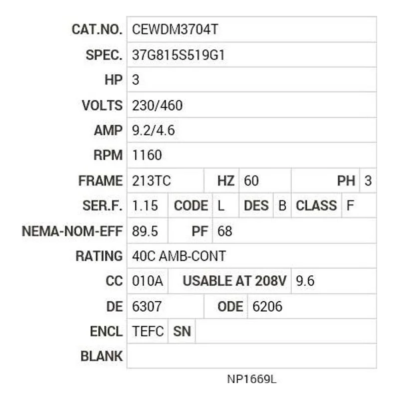 CEWDM3704T Baldor 3 HP, 1160 RPM, 3 PH, 60 HZ, 213TC, 3739M, TEFC, F1 Motor Nameplate - view 2