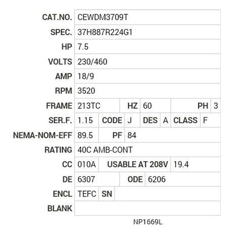 CEWDM3709T Baldor 7.5 HP, 3520 RPM, 3 PH, 60 HZ, 213TC, 3728M, TEFC Motor Nameplate - view 2