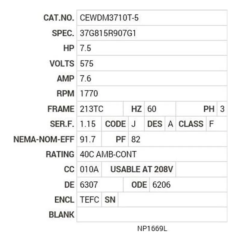 CEWDM3710T-5 Baldor 7.5 HP, 1770 RPM, 3 PH, 60 HZ, 213TC, 3738M, TEFC Motor Nameplate - view 2