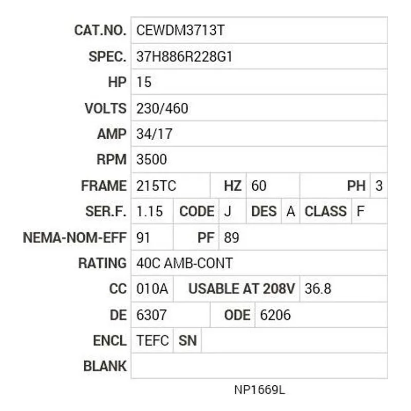 CEWDM3713T Baldor 15 HP, 3500 RPM, 3 PH, 60 HZ, 215TC, 3752M, TEFC, F Motor Nameplate - view 2