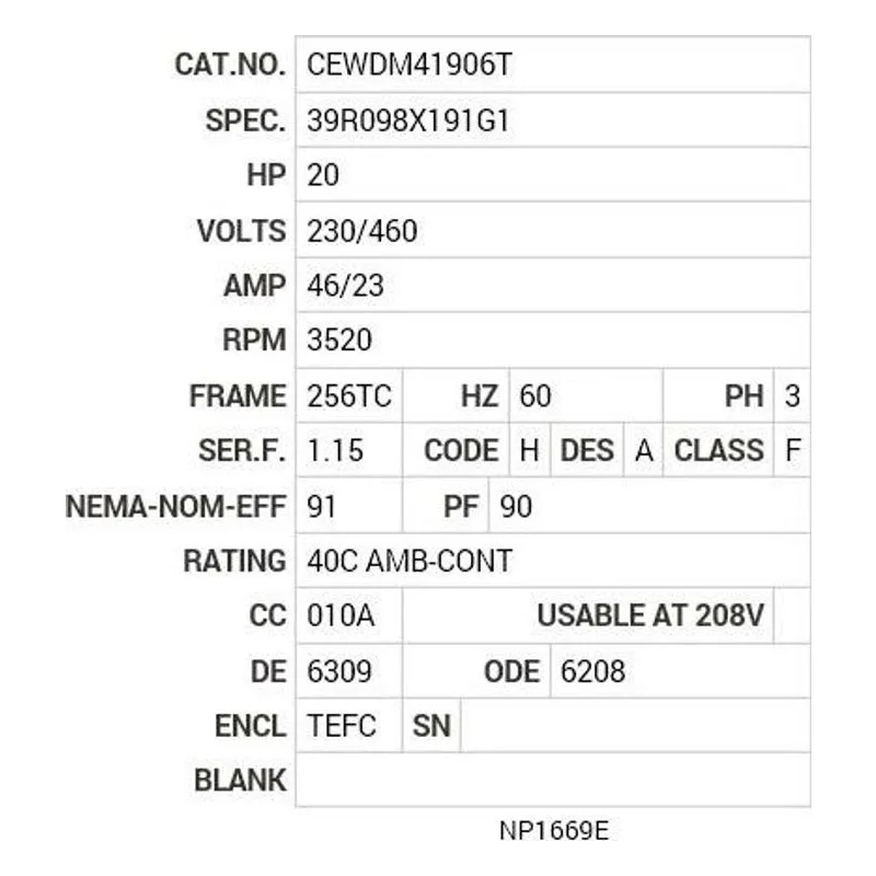 CEWDM41906T Baldor 20 HP, 3520 RPM, 3 PH, 60 HZ, 256TC, 3940M, TEFC Motor Nameplate - view 2