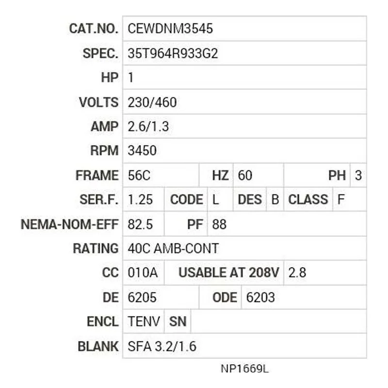 CEWDNM3545 Baldor 1 HP, 3450 RPM, 3 PH, 60 HZ, 56C, 3516M, TENV, F1, N Motor Nameplate - view 2