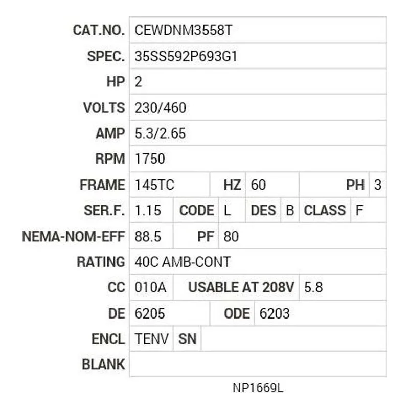 CEWDNM3558T Baldor 2 HP, 1750 RPM, 3 PH, 60 HZ, 145TC, 3538M, TENV, F1 Motor Nameplate - view 2