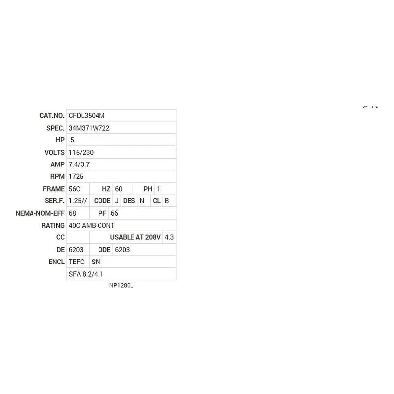 CFDL3504M Baldor .5 HP, 1725 RPM, 1 PH, 60 HZ, 56C, 3421L, TEFC, F1 Motor Nameplate - view 2