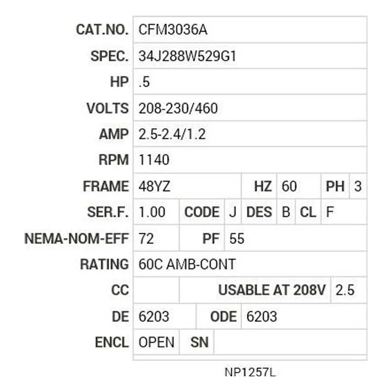 CFM3036A Baldor .5 HP, 1140 RPM, 3 PH, 60 HZ, 48YZ, 3418M, OPEN, F1 Motor Nameplate - view 2