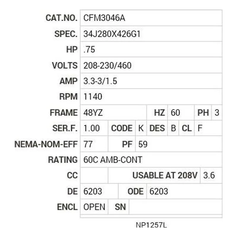 CFM3046A Baldor .75 HP, 1140 RPM, 3 PH, 60 HZ, 48YZ, 3428M, OPEN Motor Nameplate - view 2