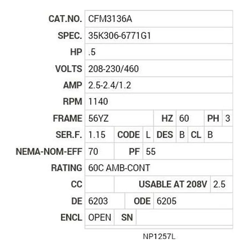 CFM3136A Baldor .5 HP, 1140 RPM, 3 PH, 60 HZ, 56YZ, 3516M, OPEN, F1 Motor Nameplate - view 2